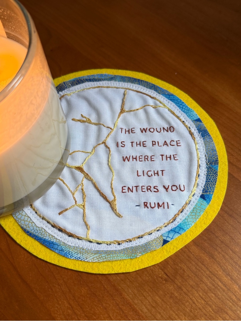 Yellow & Blue Embroidered Coaster with Rumi Quote